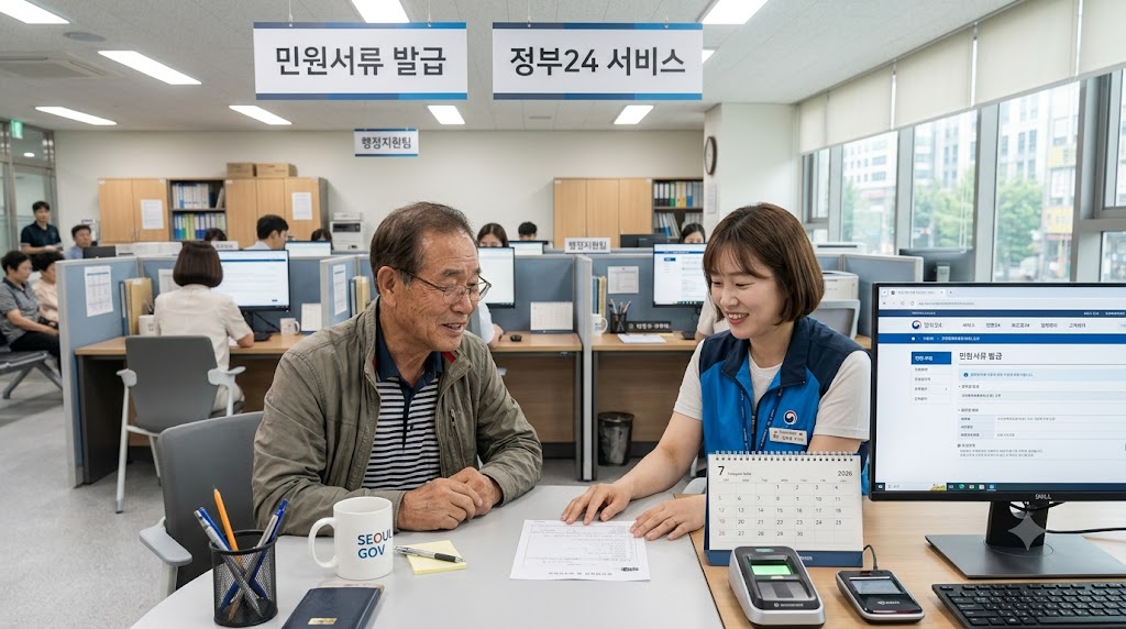 주민센터 민원 창구에서 상담받는 모습